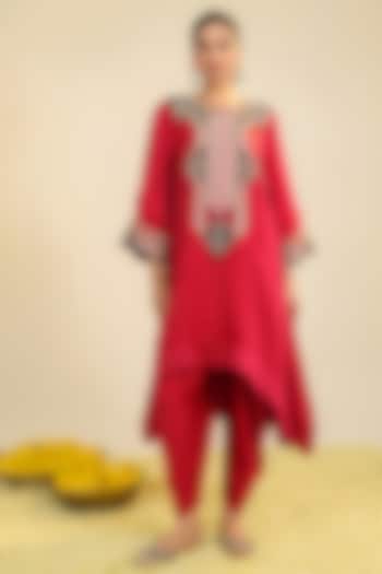 Deep Red Silk Satin Zardosi Embroidered Kurta Set by RoohbyRidhimaa at Pernia's Pop Up Shop