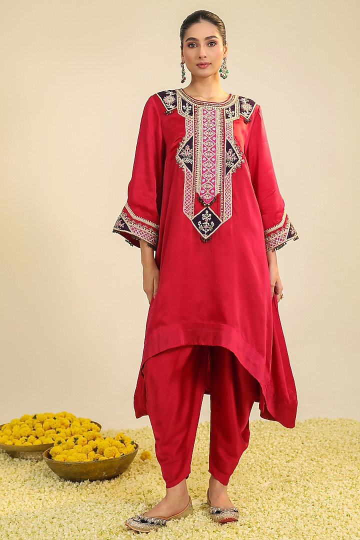 Deep Red Silk Satin Zardosi Embroidered Kurta Set by RoohbyRidhimaa at Pernia's Pop Up Shop