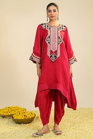 Deep Red Silk Satin Zardosi Embroidered Kurta Set by RoohbyRidhimaa