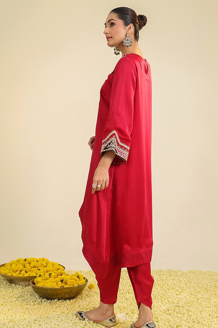 Deep Red Silk Satin Zardosi Embroidered Kurta Set by RoohbyRidhimaa at Pernia's Pop Up Shop