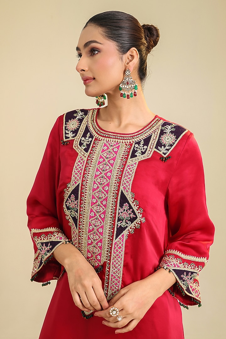 Deep Red Silk Satin Zardosi Embroidered Kurta Set by RoohbyRidhimaa at Pernia's Pop Up Shop