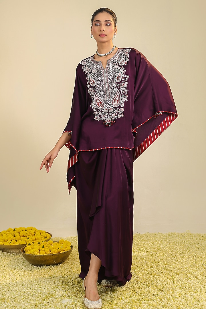 Deep Purple Silk Satin Hand Embroidered Co-Ord Set by RoohbyRidhimaa at Pernia's Pop Up Shop