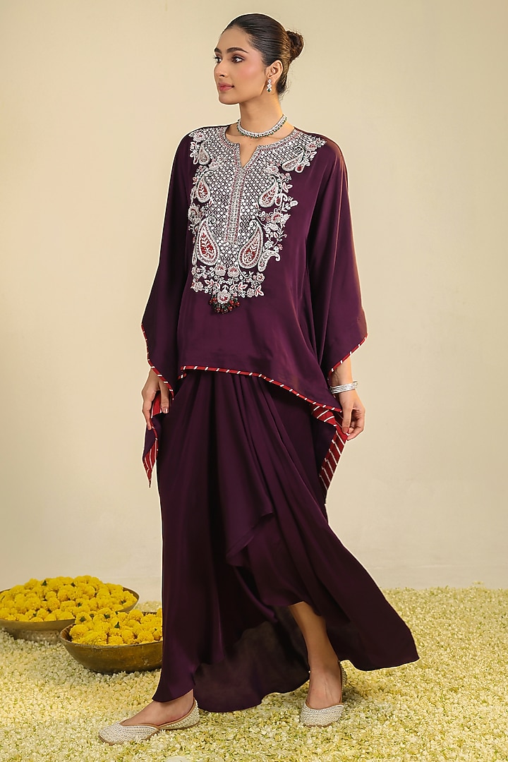 Deep Purple Silk Satin Hand Embroidered Co-Ord Set by RoohbyRidhimaa at Pernia's Pop Up Shop