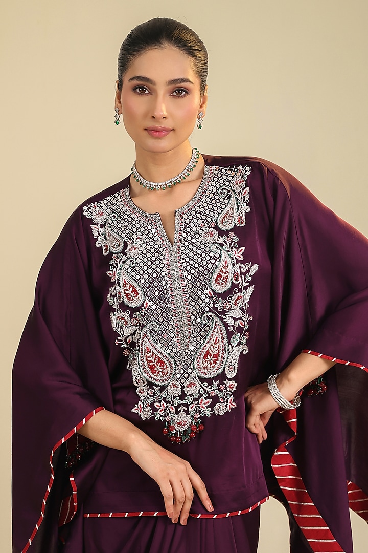 Deep Purple Silk Satin Hand Embroidered Co-Ord Set by RoohbyRidhimaa at Pernia's Pop Up Shop