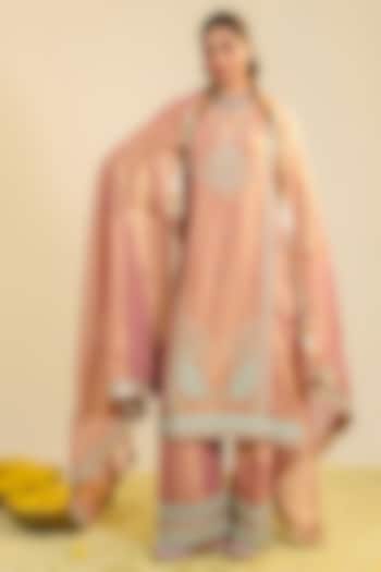 Peach Pink Tissue Zardosi Hand Embroidered Kurta Set by RoohbyRidhimaa at Pernia's Pop Up Shop