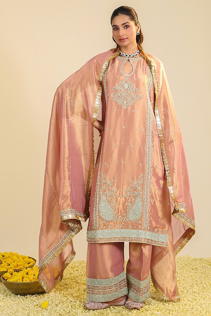 Peach Pink Tissue Zardosi Hand Embroidered Kurta Set by RoohbyRidhimaa at Pernia's Pop Up Shop