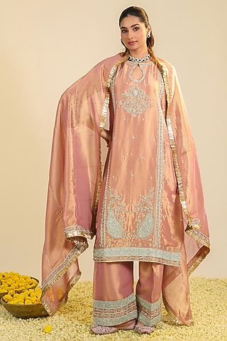 Peach Pink Tissue Zardosi Hand Embroidered Kurta Set by RoohbyRidhimaa