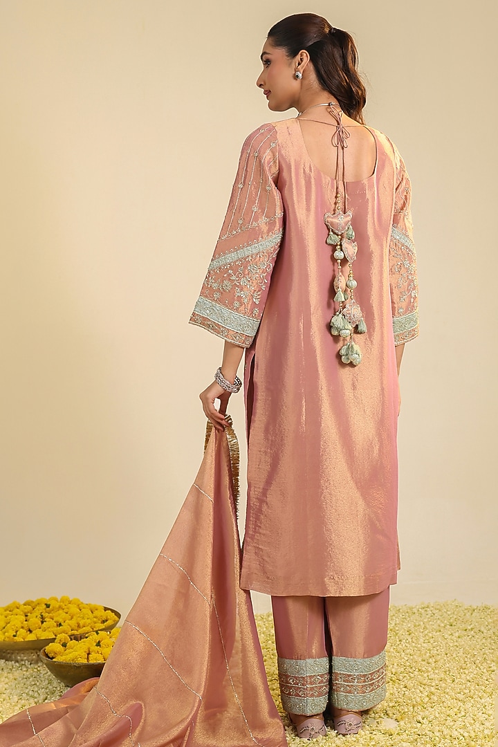 Peach Pink Tissue Zardosi Hand Embroidered Kurta Set by RoohbyRidhimaa at Pernia's Pop Up Shop