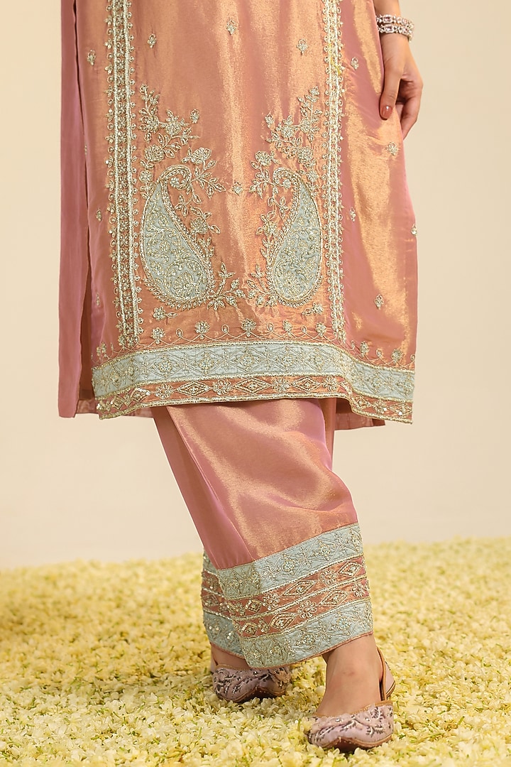 Peach Pink Tissue Zardosi Hand Embroidered Kurta Set by RoohbyRidhimaa at Pernia's Pop Up Shop