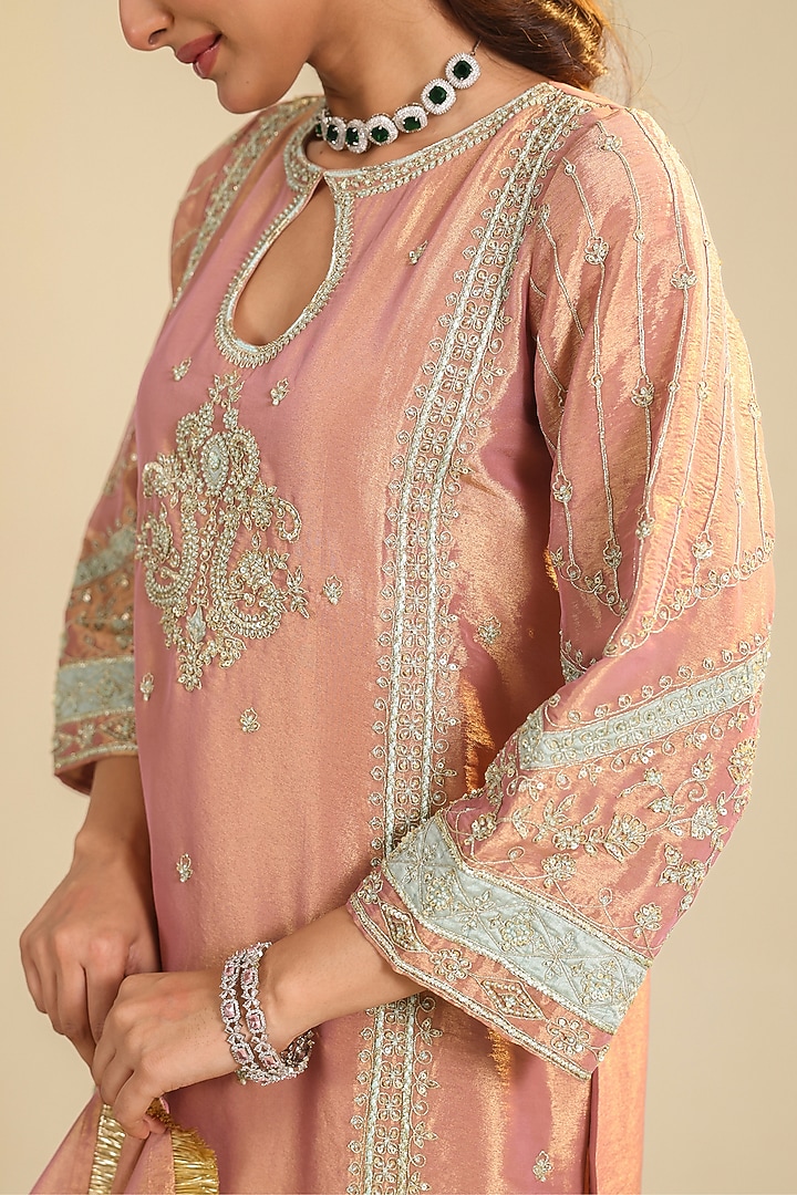 Peach Pink Tissue Zardosi Hand Embroidered Kurta Set by RoohbyRidhimaa at Pernia's Pop Up Shop