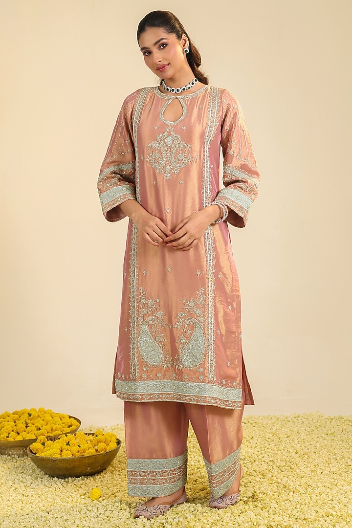 Peach Pink Tissue Zardosi Hand Embroidered Kurta Set by RoohbyRidhimaa at Pernia's Pop Up Shop