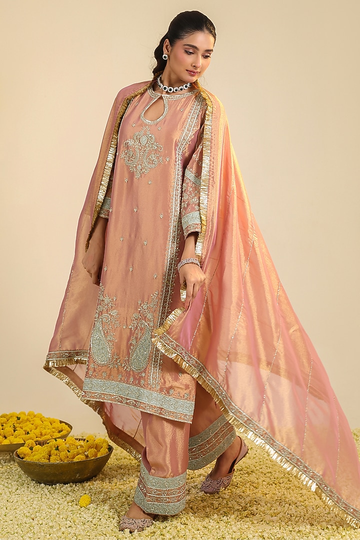 Peach Pink Tissue Zardosi Hand Embroidered Kurta Set by RoohbyRidhimaa at Pernia's Pop Up Shop
