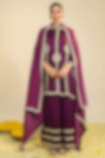 Purple Silk Satin Zari Embroidered Flared Kurta Set by RoohbyRidhimaa at Pernia's Pop Up Shop