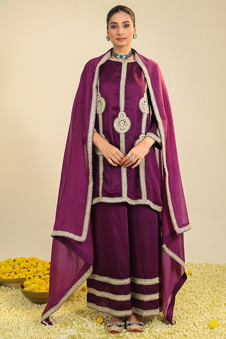 Purple Silk Satin Zari Embroidered Flared Kurta Set by RoohbyRidhimaa at Pernia's Pop Up Shop