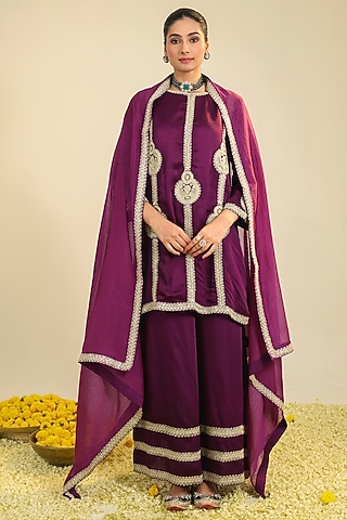 Purple Silk Satin Zari Embroidered Flared Kurta Set by RoohbyRidhimaa