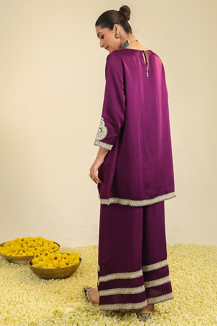 Purple Silk Satin Zari Embroidered Flared Kurta Set by RoohbyRidhimaa at Pernia's Pop Up Shop
