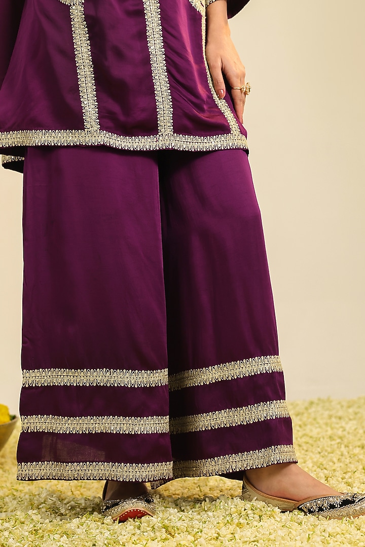 Purple Silk Satin Zari Embroidered Flared Kurta Set by RoohbyRidhimaa at Pernia's Pop Up Shop