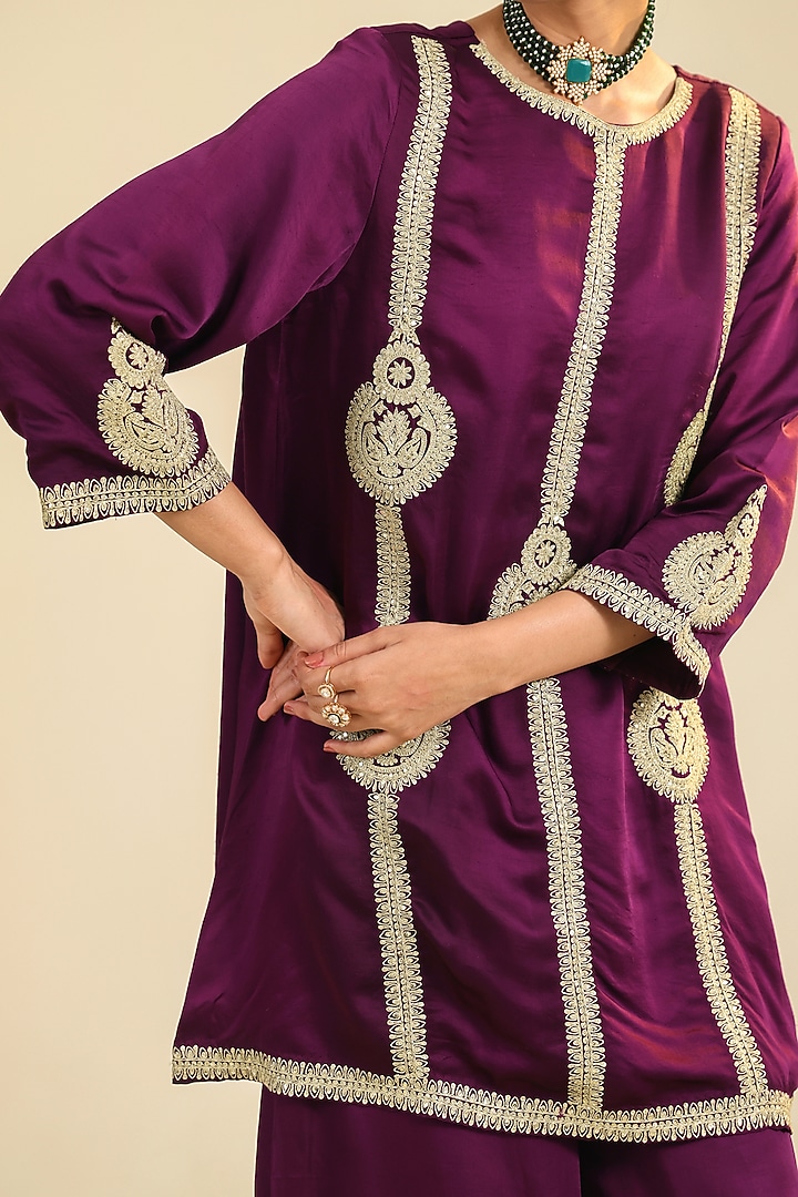 Purple Silk Satin Zari Embroidered Flared Kurta Set by RoohbyRidhimaa at Pernia's Pop Up Shop