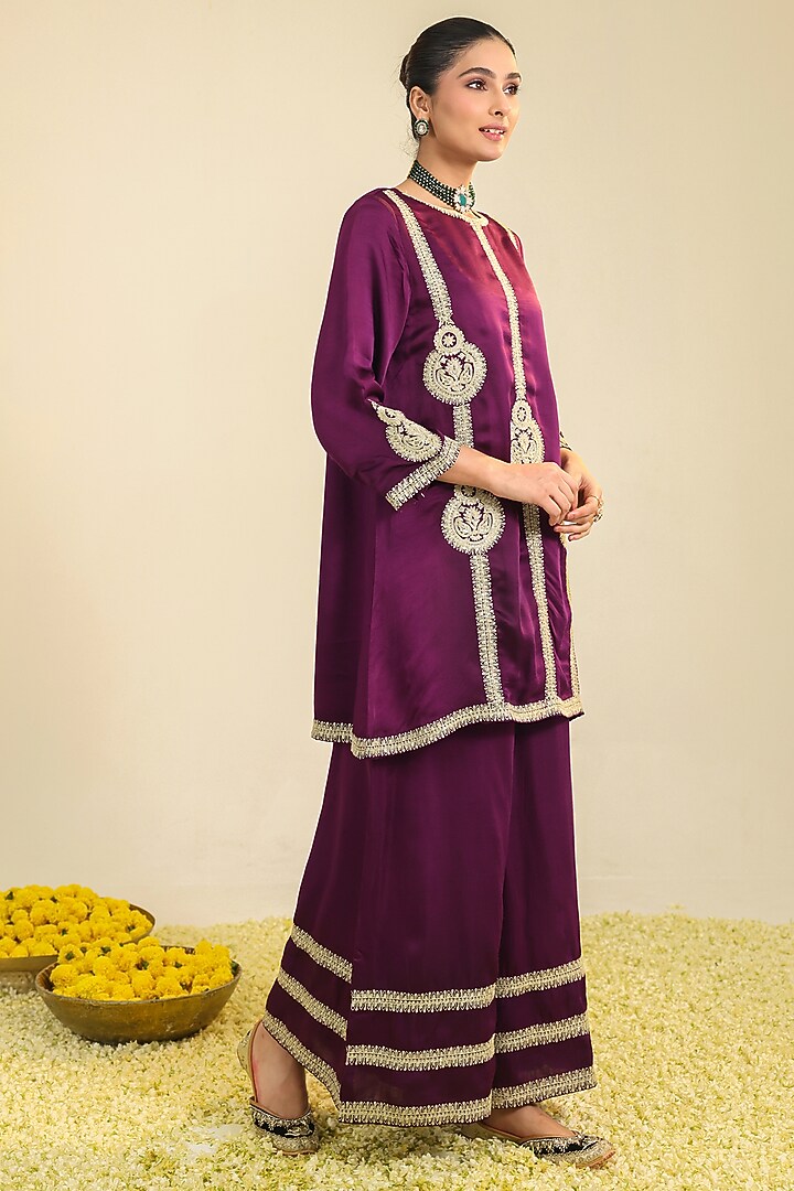Purple Silk Satin Zari Embroidered Flared Kurta Set by RoohbyRidhimaa at Pernia's Pop Up Shop