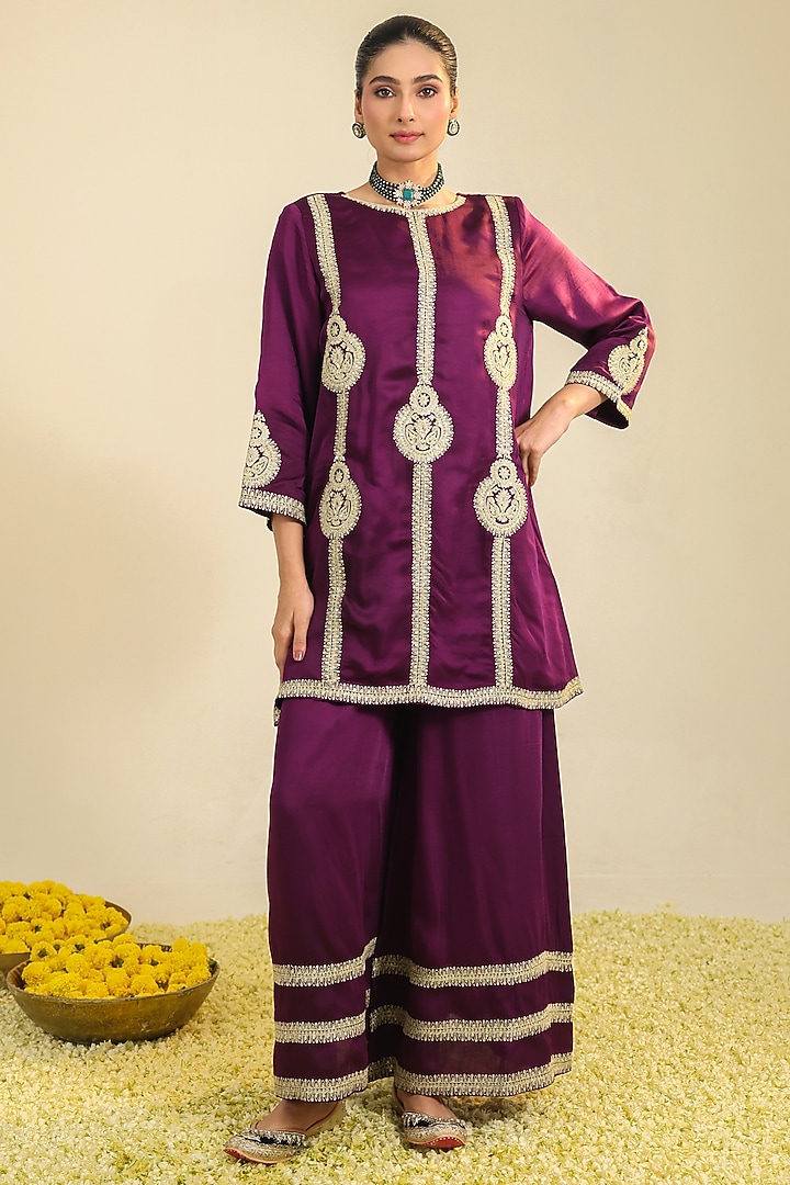 Purple Silk Satin Zari Embroidered Flared Kurta Set by RoohbyRidhimaa at Pernia's Pop Up Shop