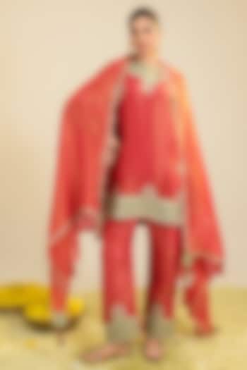 Ruby Red Tissue Cutwork Embroidered Kurta Set by RoohbyRidhimaa at Pernia's Pop Up Shop
