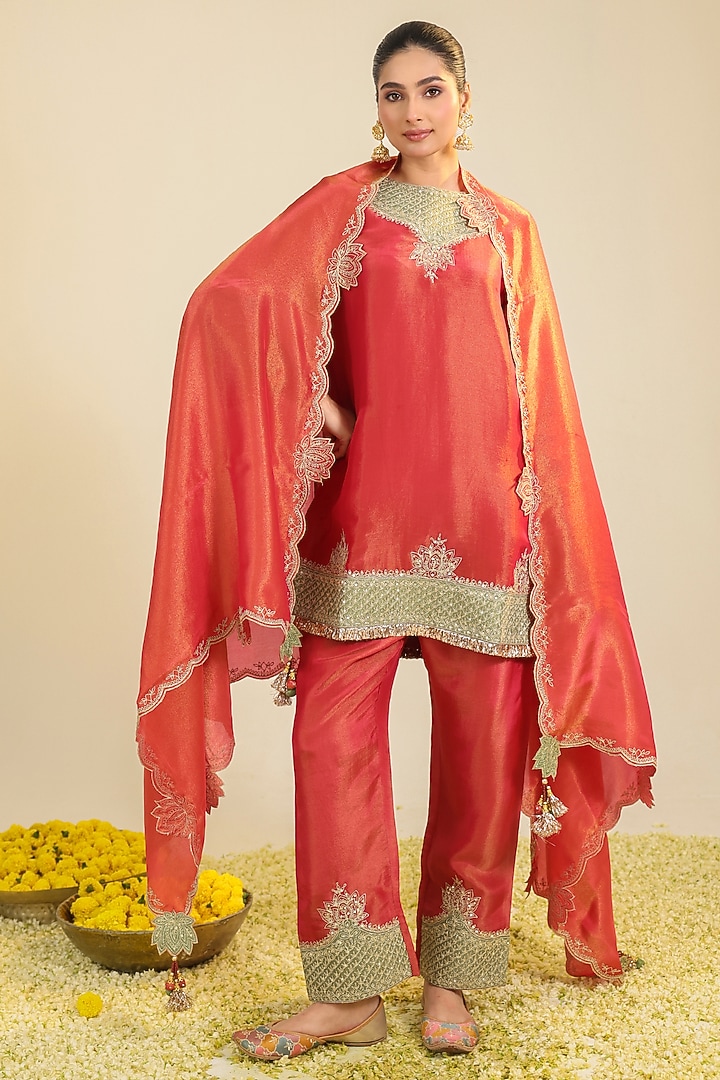 Ruby Red Tissue Cutwork Embroidered Kurta Set by RoohbyRidhimaa at Pernia's Pop Up Shop