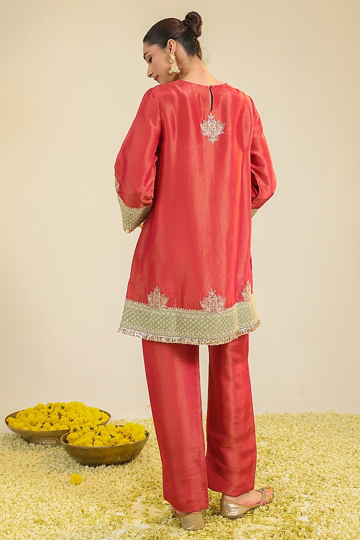 Ruby Red Tissue Cutwork Embroidered Kurta Set by RoohbyRidhimaa at Pernia's Pop Up Shop
