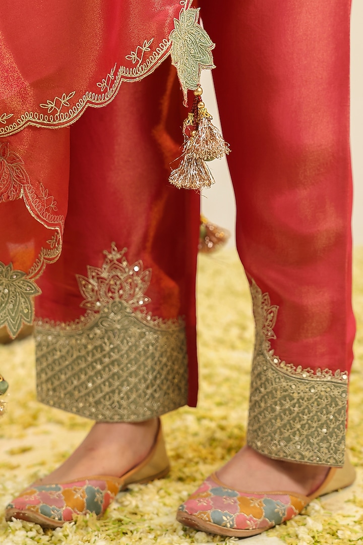 Ruby Red Tissue Cutwork Embroidered Kurta Set by RoohbyRidhimaa at Pernia's Pop Up Shop