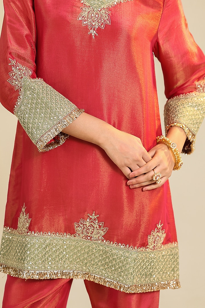 Ruby Red Tissue Cutwork Embroidered Kurta Set by RoohbyRidhimaa at Pernia's Pop Up Shop