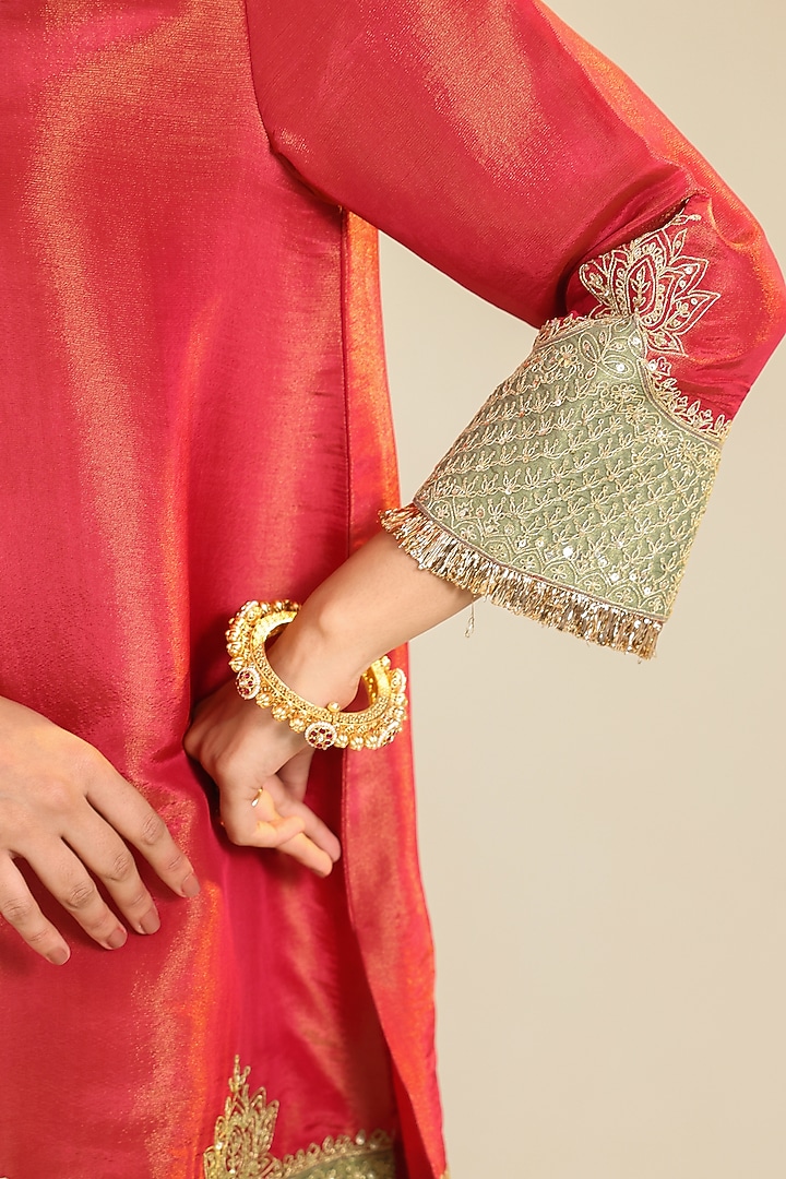 Ruby Red Tissue Cutwork Embroidered Kurta Set by RoohbyRidhimaa at Pernia's Pop Up Shop