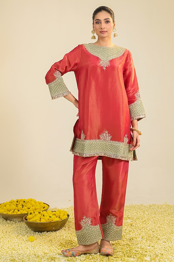 Ruby Red Tissue Cutwork Embroidered Kurta Set by RoohbyRidhimaa at Pernia's Pop Up Shop