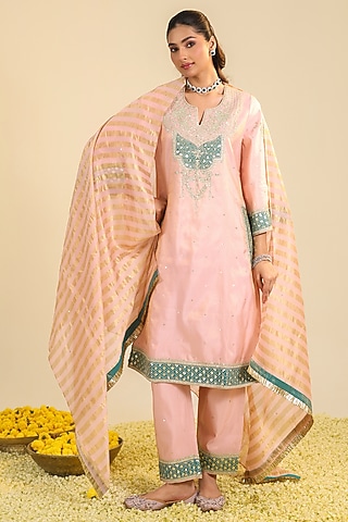 Blush Pink Tissue Sequin Embroidered Kurta Set by RoohbyRidhimaa