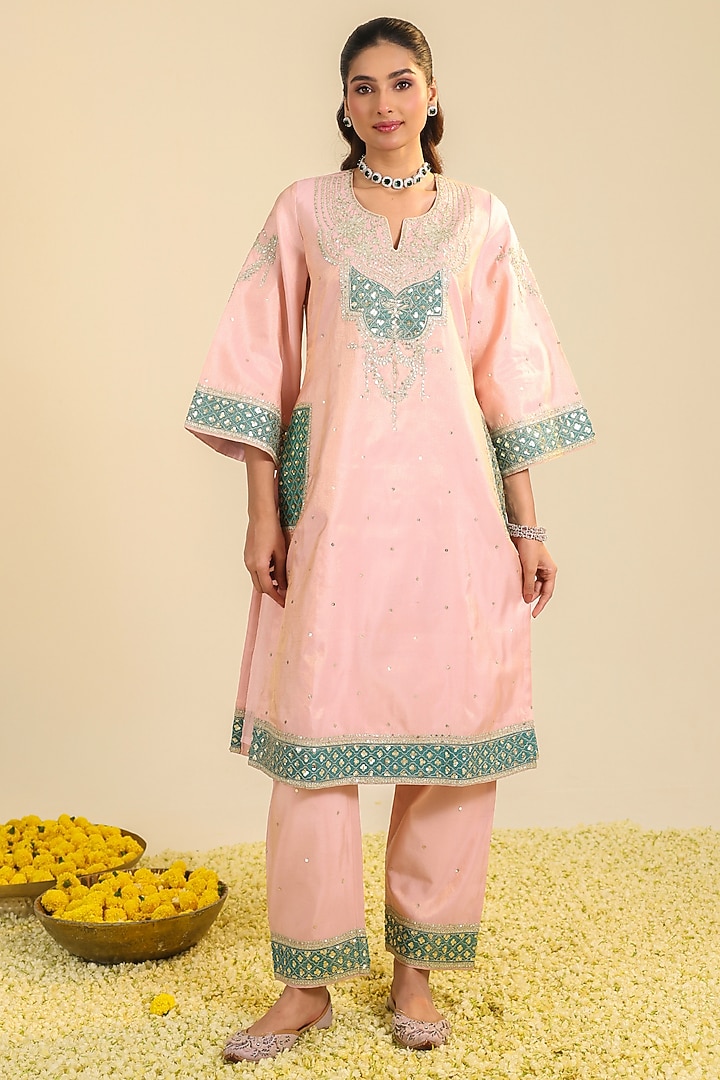 Blush Pink Tissue Sequin Embroidered Kurta Set by RoohbyRidhimaa at Pernia's Pop Up Shop