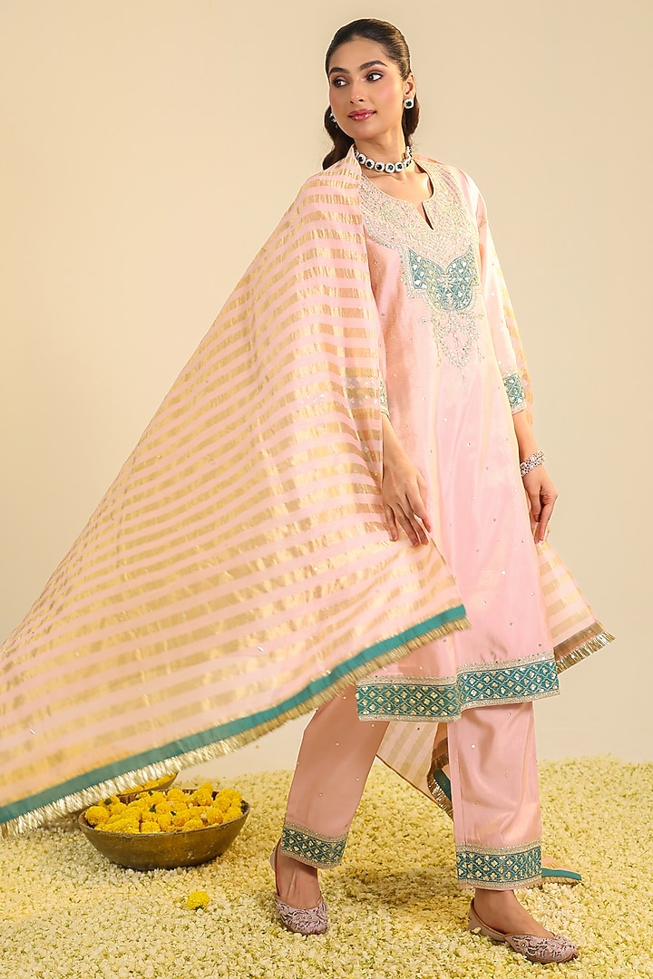 Blush Pink Tissue Sequin Embroidered Kurta Set by RoohbyRidhimaa at Pernia's Pop Up Shop