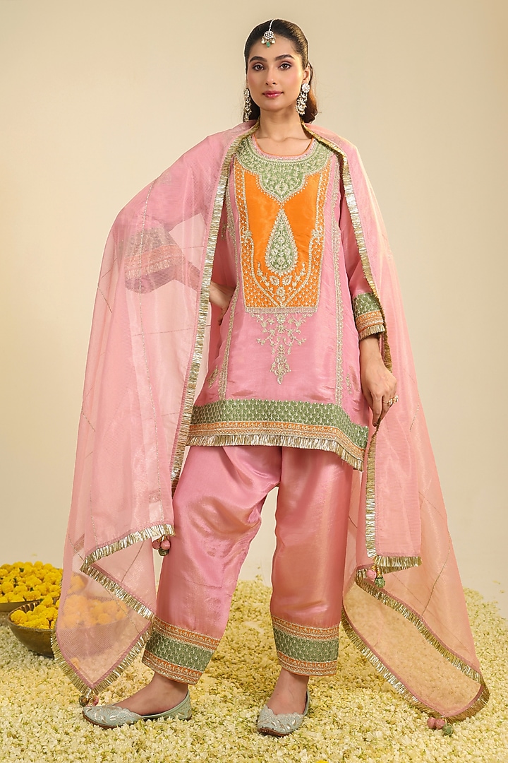 Blush Pink Tissue Dori & Zari Embroidered Kurta Set by RoohbyRidhimaa at Pernia's Pop Up Shop
