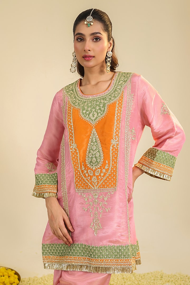 Blush Pink Tissue Dori & Zari Embroidered Kurta Set by RoohbyRidhimaa at Pernia's Pop Up Shop