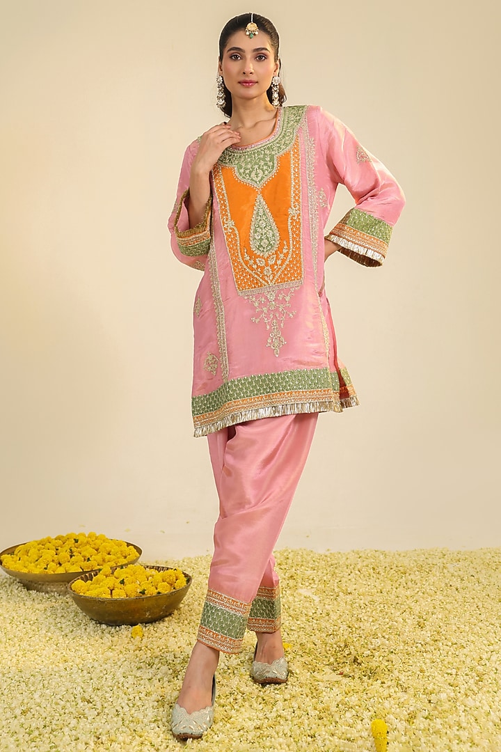 Blush Pink Tissue Dori & Zari Embroidered Kurta Set by RoohbyRidhimaa at Pernia's Pop Up Shop