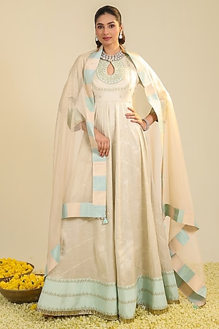 Off-White Tissue Zari Embroidered Anarkali Set by RoohbyRidhimaa