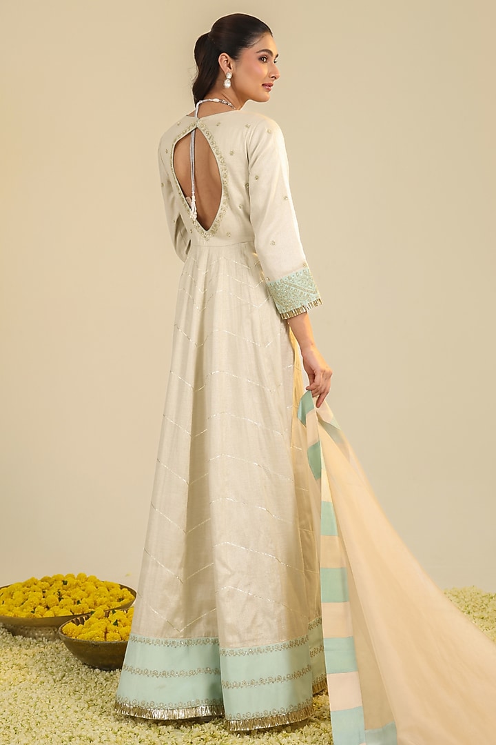 Off-White Tissue Zari Embroidered Wedding Anarkali Set by RoohbyRidhimaa at Pernia's Pop Up Shop