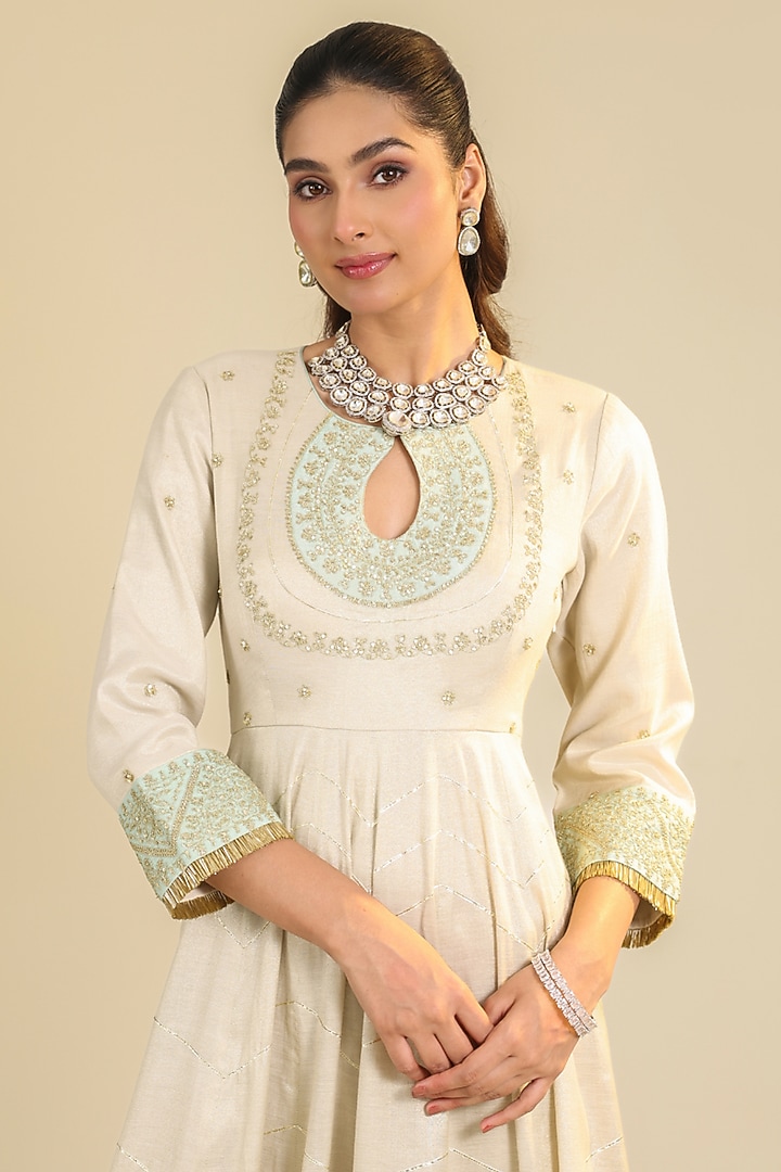 Off-White Tissue Zari Embroidered Wedding Anarkali Set by RoohbyRidhimaa at Pernia's Pop Up Shop