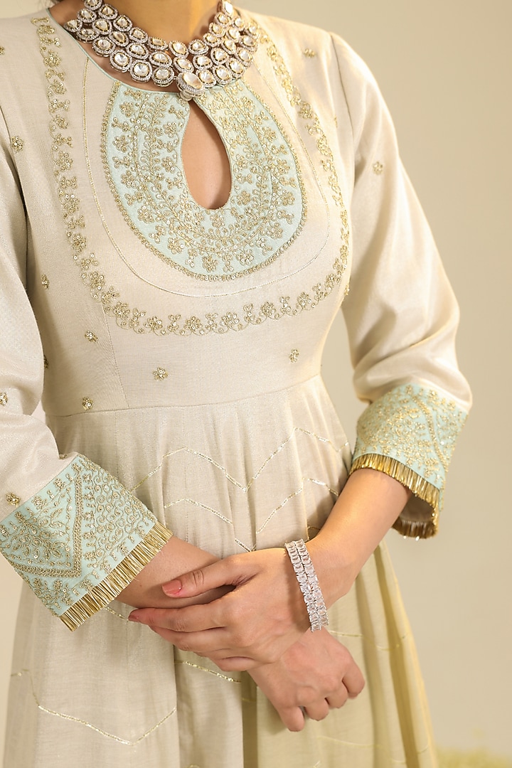 Off-White Tissue Zari Embroidered Wedding Anarkali Set by RoohbyRidhimaa at Pernia's Pop Up Shop