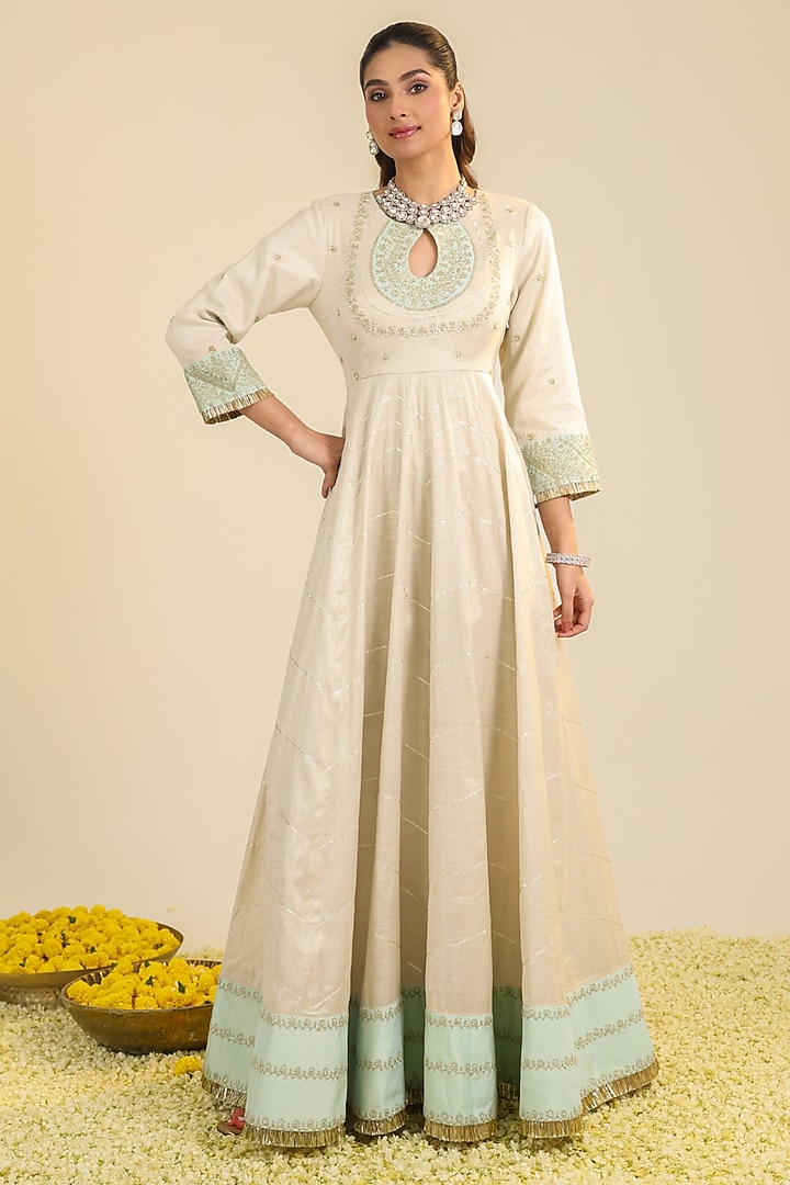 Off-White Tissue Zari Embroidered Wedding Anarkali Set by RoohbyRidhimaa at Pernia's Pop Up Shop