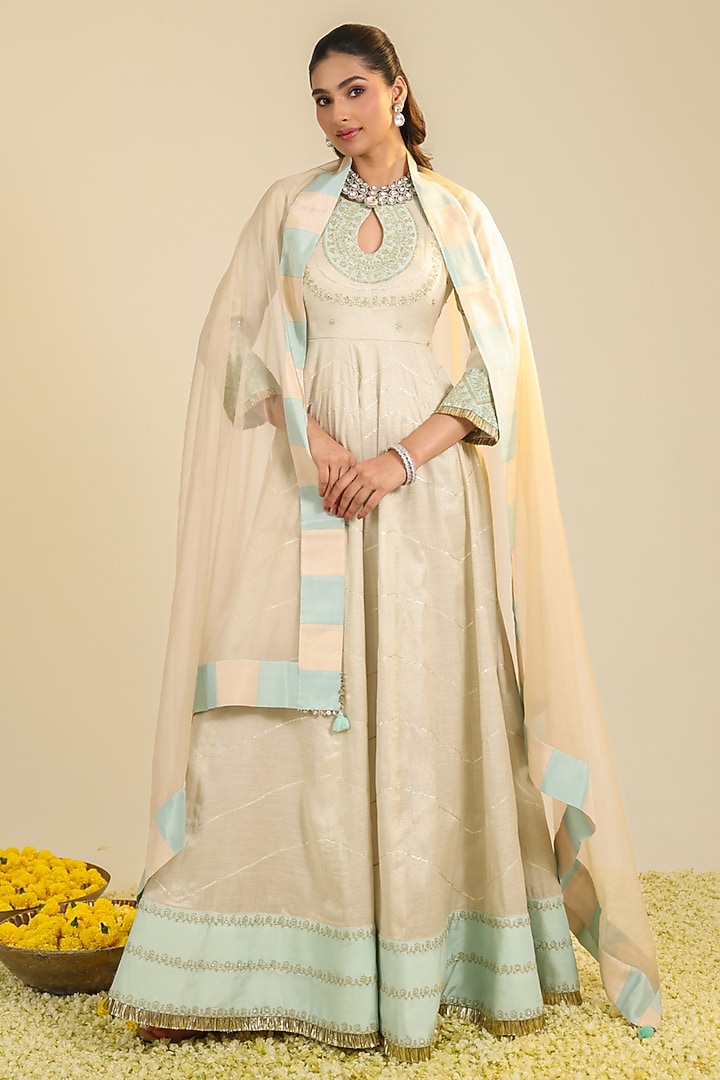 Off-White Tissue Zari Embroidered Wedding Anarkali Set by RoohbyRidhimaa at Pernia's Pop Up Shop