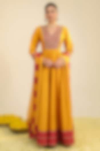 Rust Viscose Raw Silk Zari Embroidered Wedding Anarkali Set by RoohbyRidhimaa at Pernia's Pop Up Shop