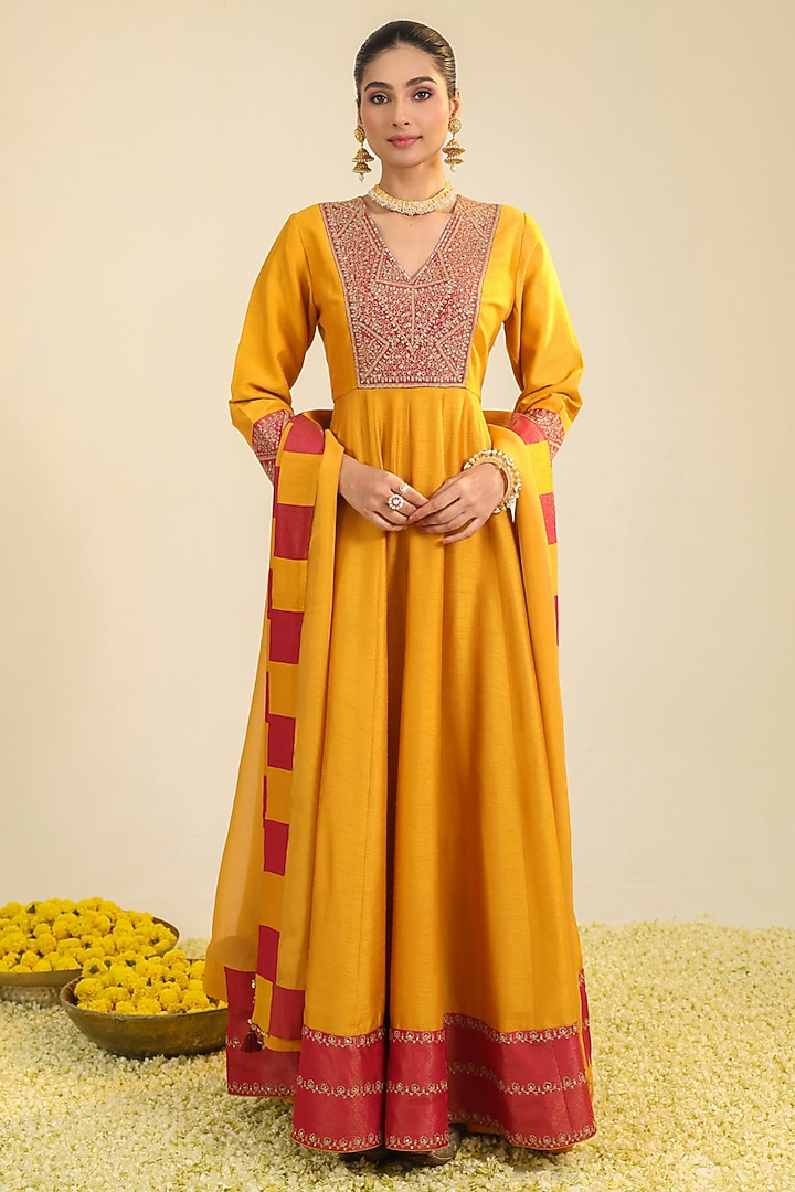 Rust Viscose Raw Silk Zari Embroidered Wedding Anarkali Set by RoohbyRidhimaa at Pernia's Pop Up Shop