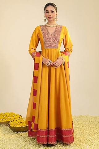 Rust Viscose Raw Silk Zari Embroidered Anarkali Set by RoohbyRidhimaa