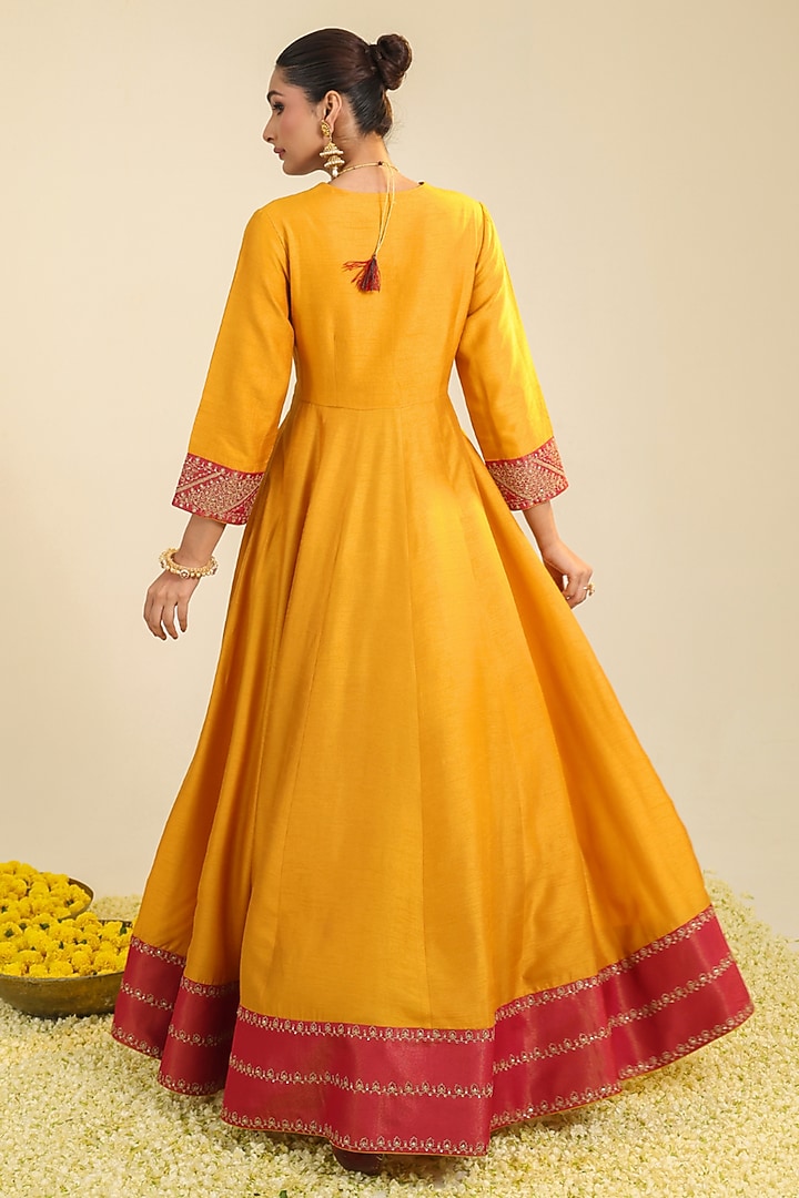 Rust Viscose Raw Silk Zari Embroidered Wedding Anarkali Set by RoohbyRidhimaa at Pernia's Pop Up Shop