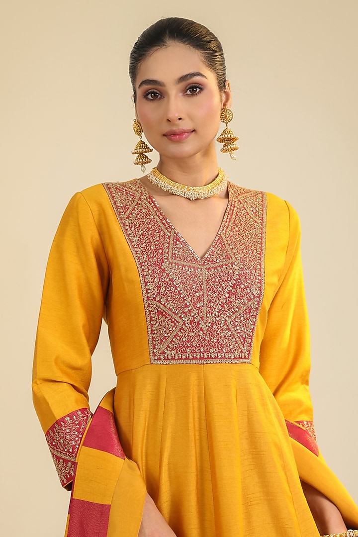 Rust Viscose Raw Silk Zari Embroidered Wedding Anarkali Set by RoohbyRidhimaa at Pernia's Pop Up Shop
