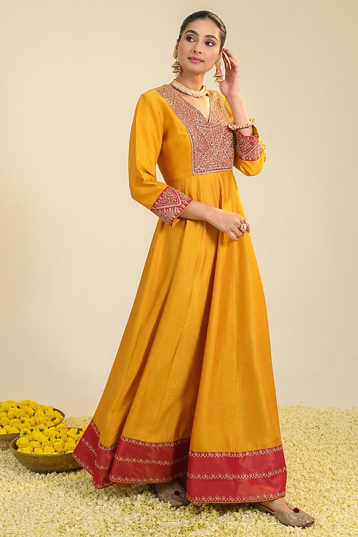 Rust Viscose Raw Silk Zari Embroidered Wedding Anarkali Set by RoohbyRidhimaa at Pernia's Pop Up Shop