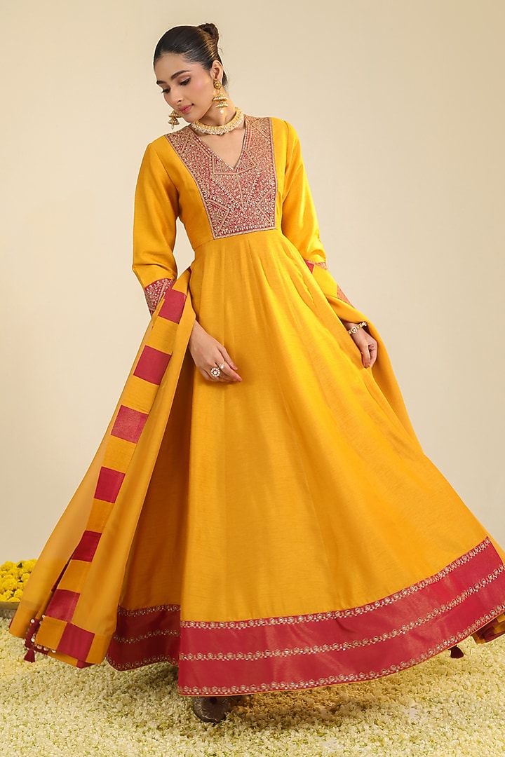 Rust Viscose Raw Silk Zari Embroidered Wedding Anarkali Set by RoohbyRidhimaa at Pernia's Pop Up Shop